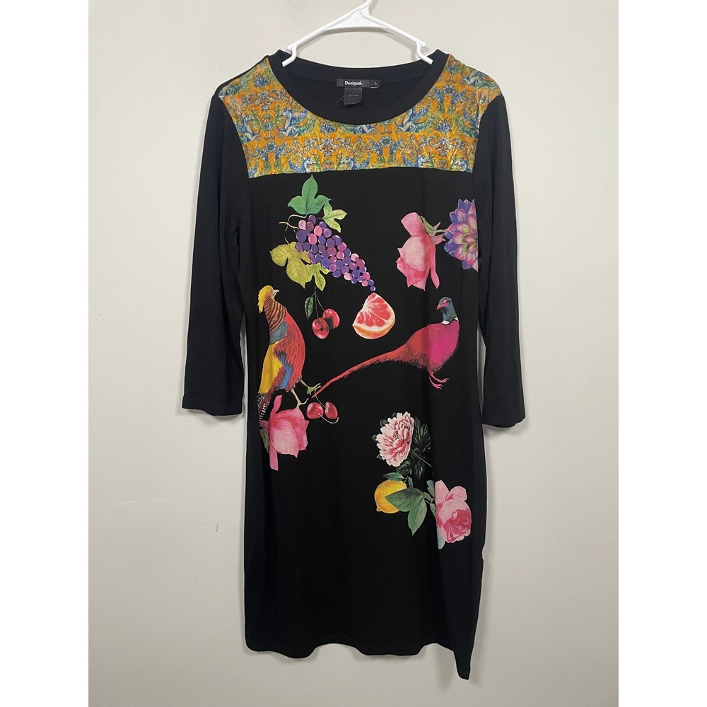 Desigual Vanity Sheath Dress Botanical Bird and Fruit Print Size Large